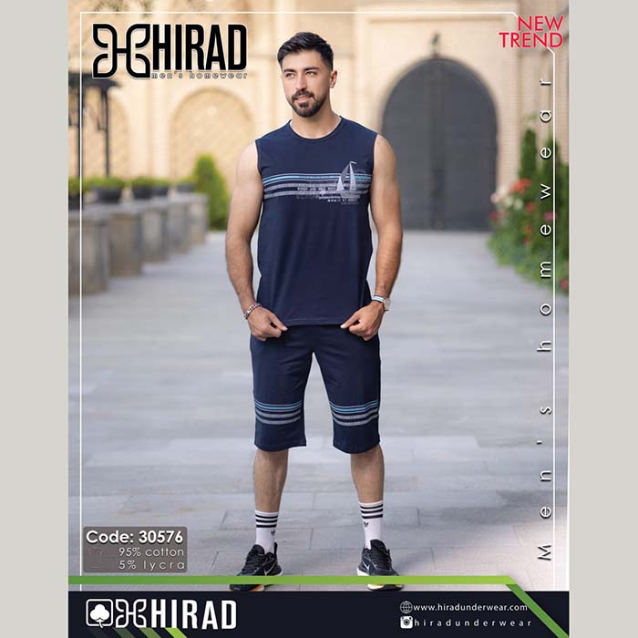 ست حلقه ای و شلوارک نخی مردانه مدل 30576 برند هیراد نخ پنیه