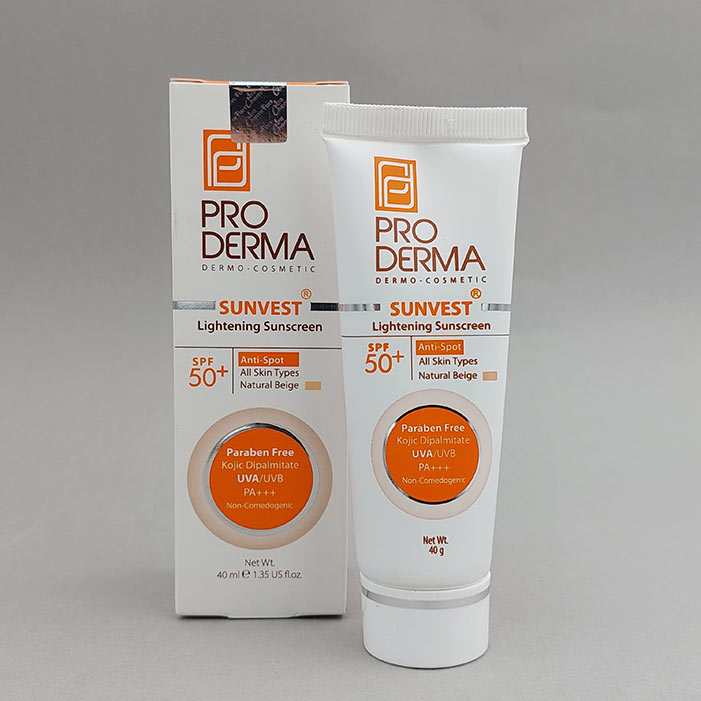 عمده فروشی کرم ضدآفتاب و روشن کننده لک های پوست با بژ طبیعی پرودرما PRO DERMA فاقد چربی spf 50
