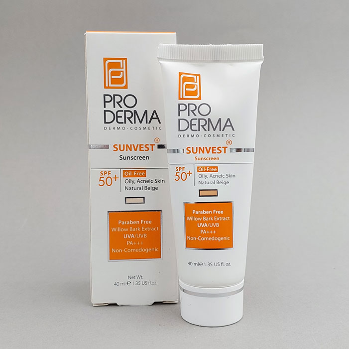 عمده فروشی کرم ضدآفتاب فاقد چربی پرودرما PRO DERMA بژ طبیعی spf 50 مناسب پوست چرب